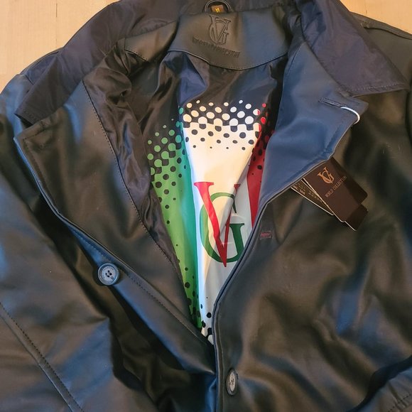 NWT Men's Navy Faux Leather Mid Length Buttoned Jacket - Picture 7 of 9